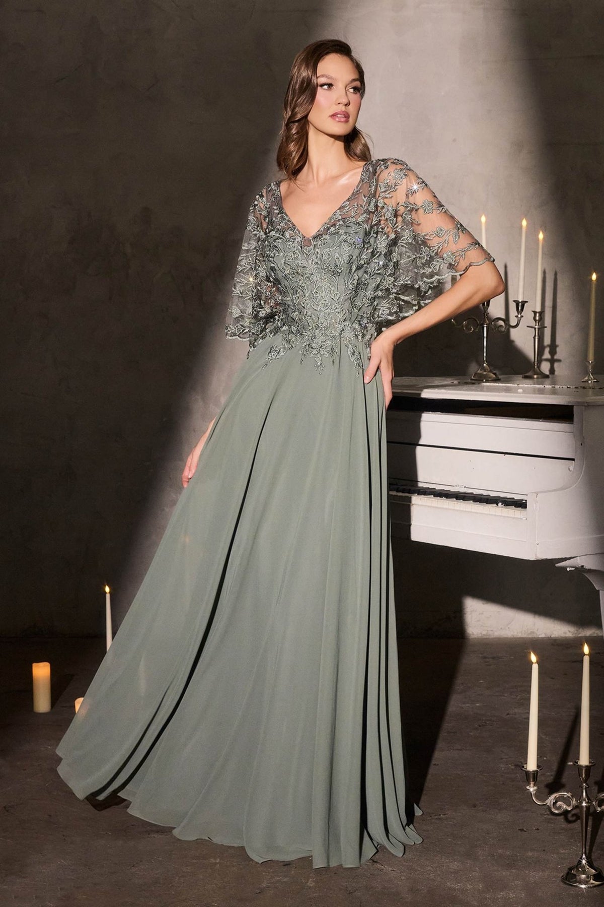 Ladivine CL10 Mother of the Bride V-Neckline Lace Bodice A-Line Gown - Luzilly Bridal & Apparel