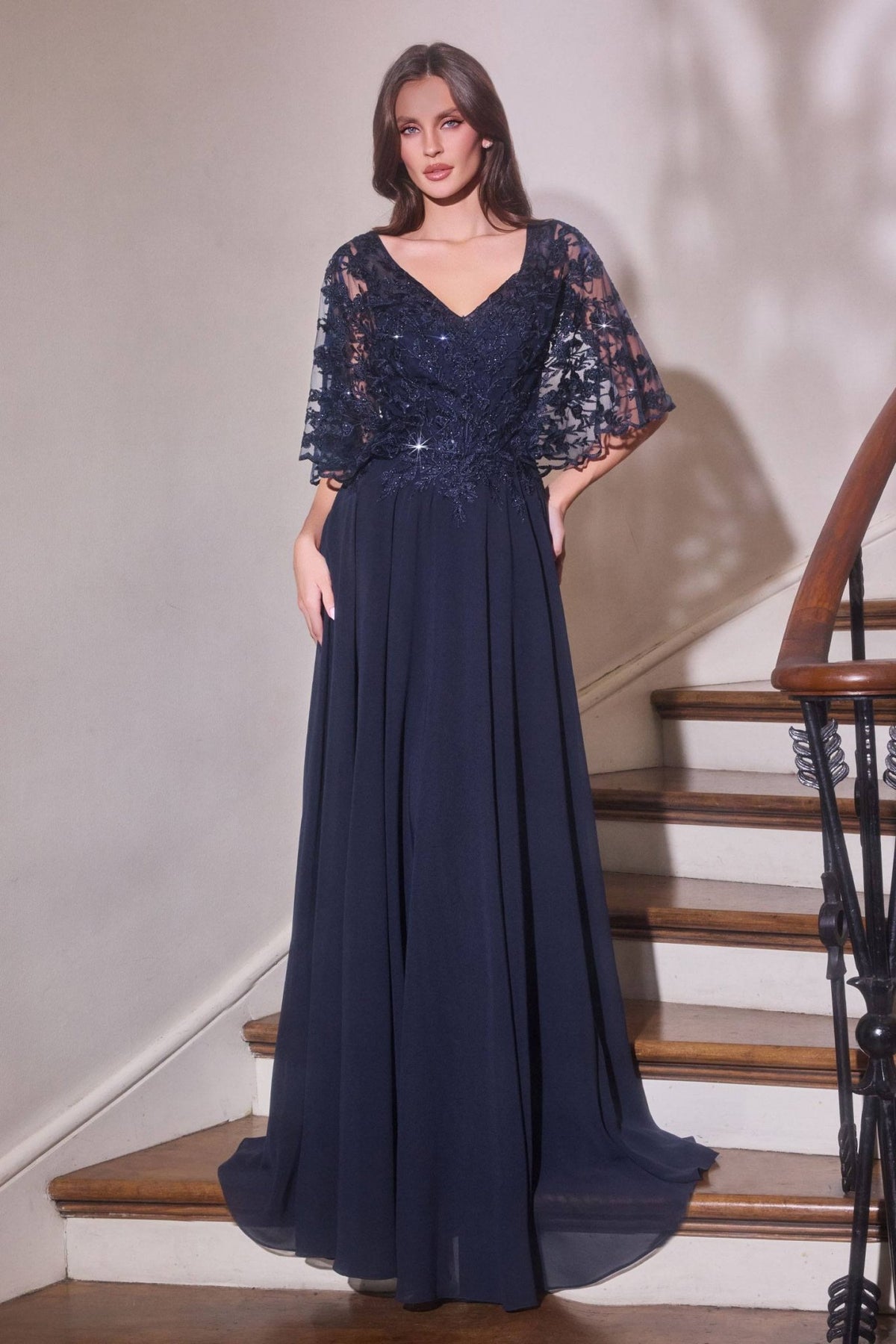 Ladivine CL10 Mother of the Bride V-Neckline Lace Bodice A-Line Gown - Luzilly Bridal & Apparel