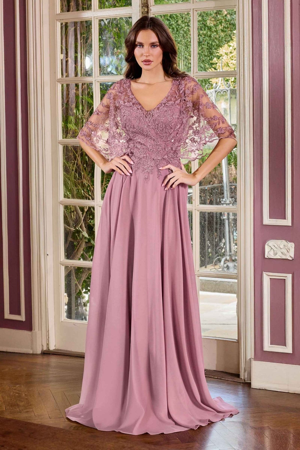 Ladivine CL10 Mother of the Bride V-Neckline Lace Bodice A-Line Gown - Luzilly Bridal & Apparel