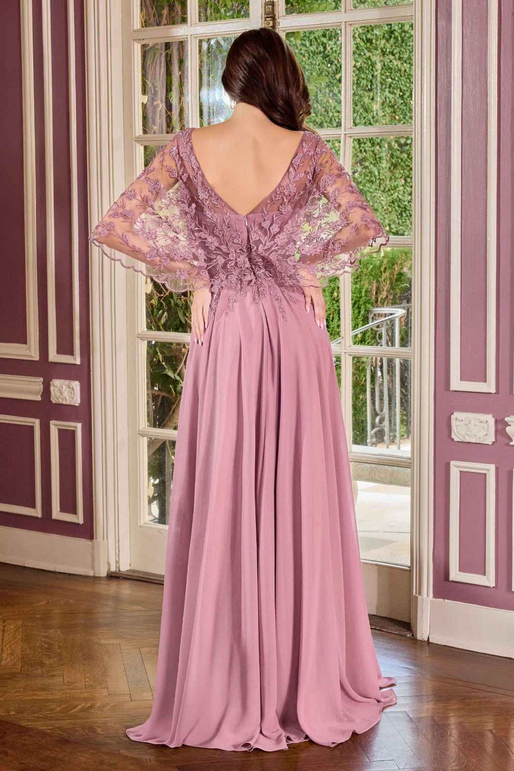 Ladivine CL10 Mother of the Bride V-Neckline Lace Bodice A-Line Gown - Luzilly Bridal & Apparel