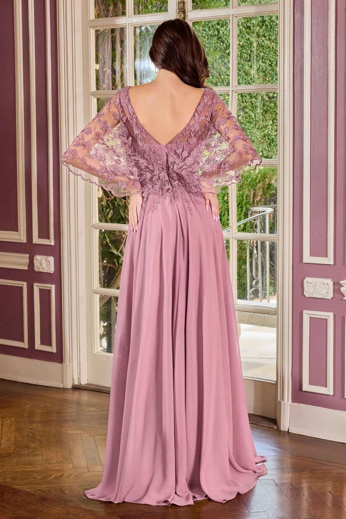 Ladivine CL10 Mother of the Bride V-Neckline Lace Bodice A-Line Gown - Luzilly Bridal & Apparel