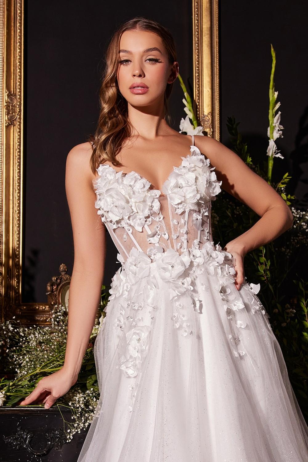 Ladivine CM321W Floor Length Floral Applique A-Line Tulle Bridal Gown - Luzilly Bridal & Apparel