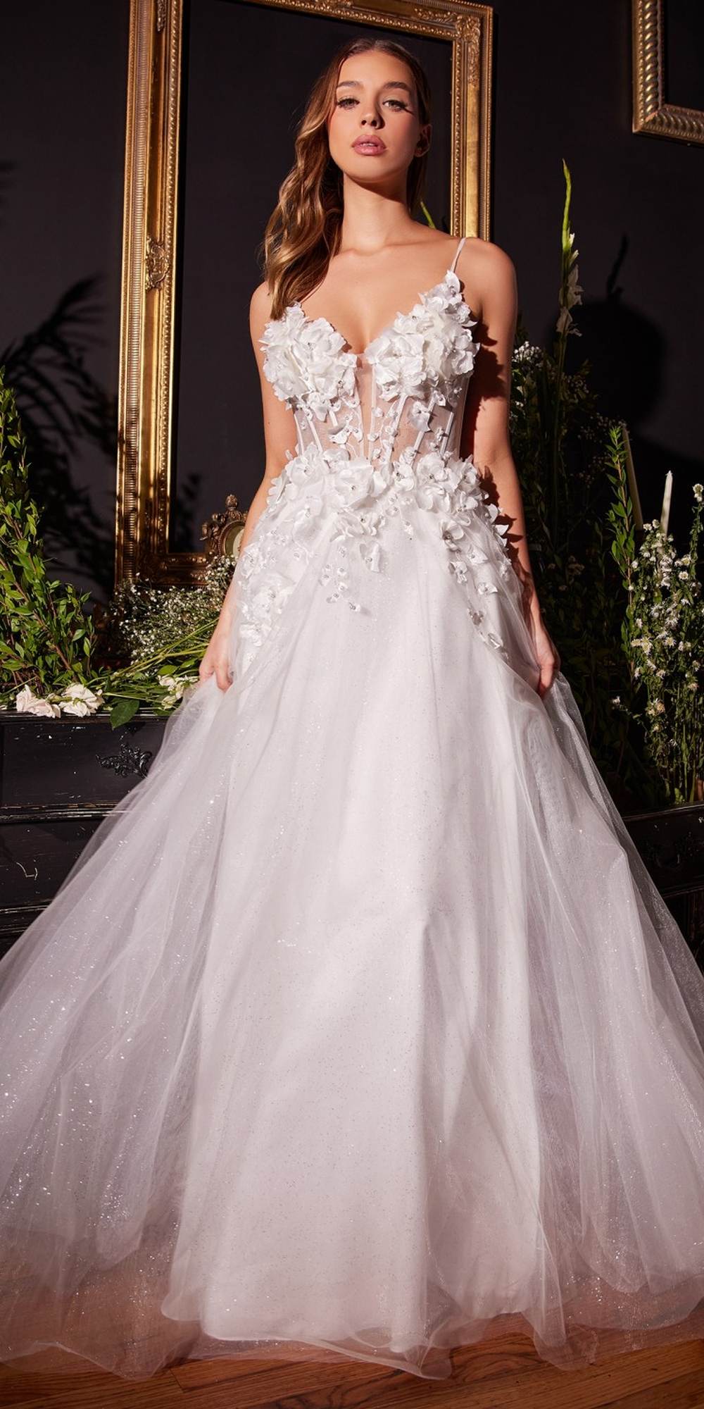 Ladivine CM321W Floor Length Floral Applique A-Line Tulle Bridal Gown - Luzilly Bridal & Apparel