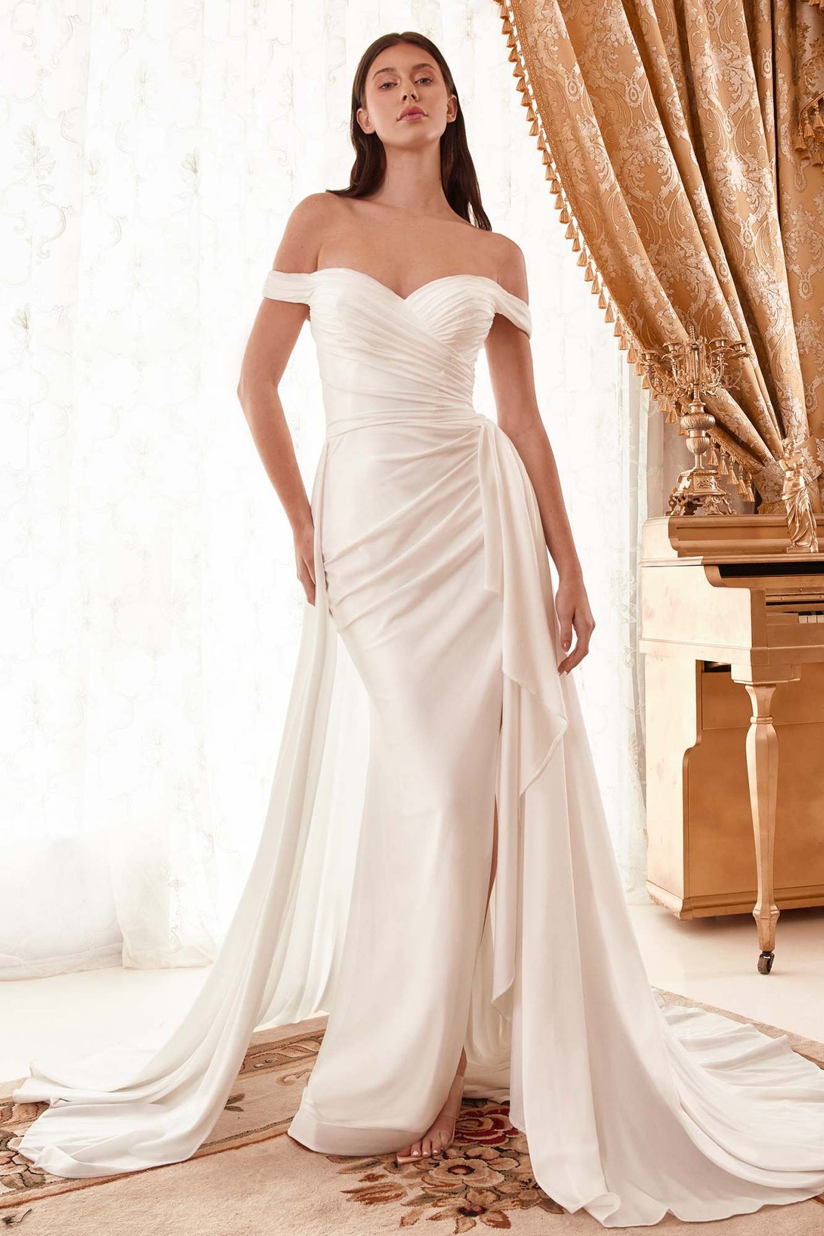Ladivine WN315 Long Draped Off The Shoulder Bridal Gown With Overskirt - Luzilly Bridal & Apparel
