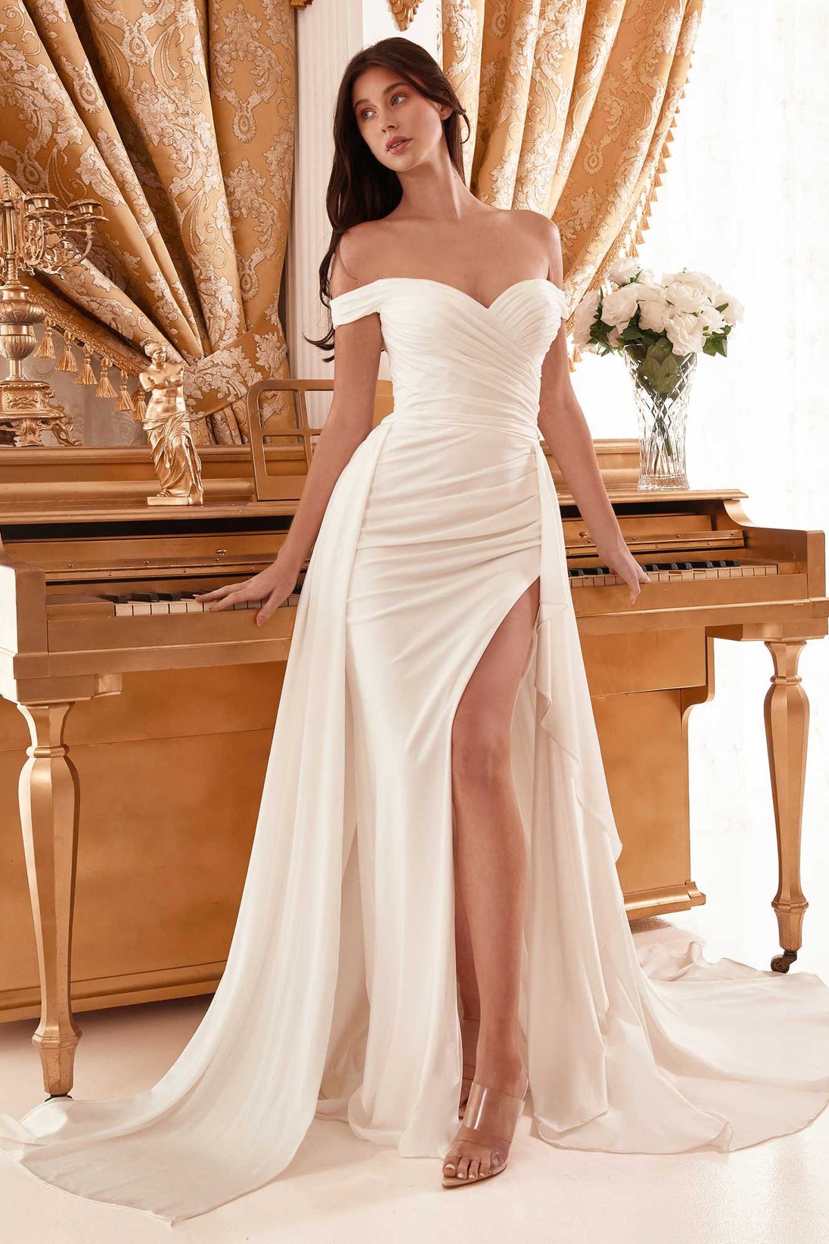 Ladivine WN315 Long Draped Off The Shoulder Bridal Gown With Overskirt - Luzilly Bridal & Apparel