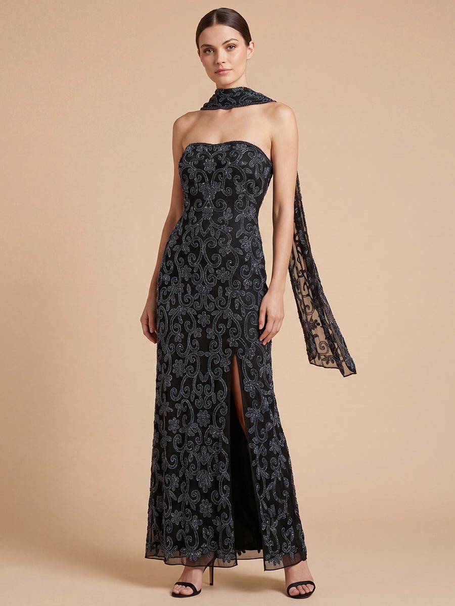 Lara 9916- Strapless Beaded Gown with Scarf - Luzilly Bridal & Apparel