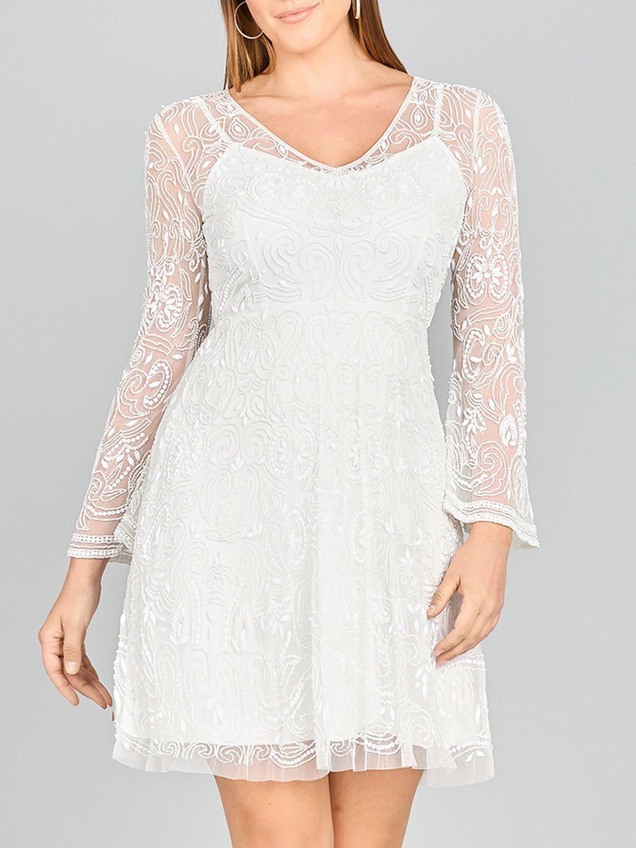 Lara Eliza Beaded A-line Bell Sleeve Bridal Short Dress - Luzilly Bridal & Apparel