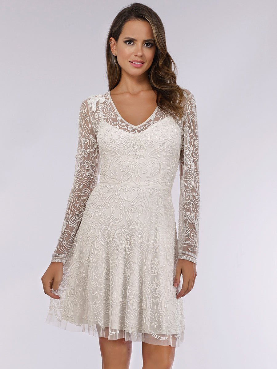 Lara Eliza Beaded A-line Bell Sleeve Bridal Short Dress - Luzilly Bridal & Apparel