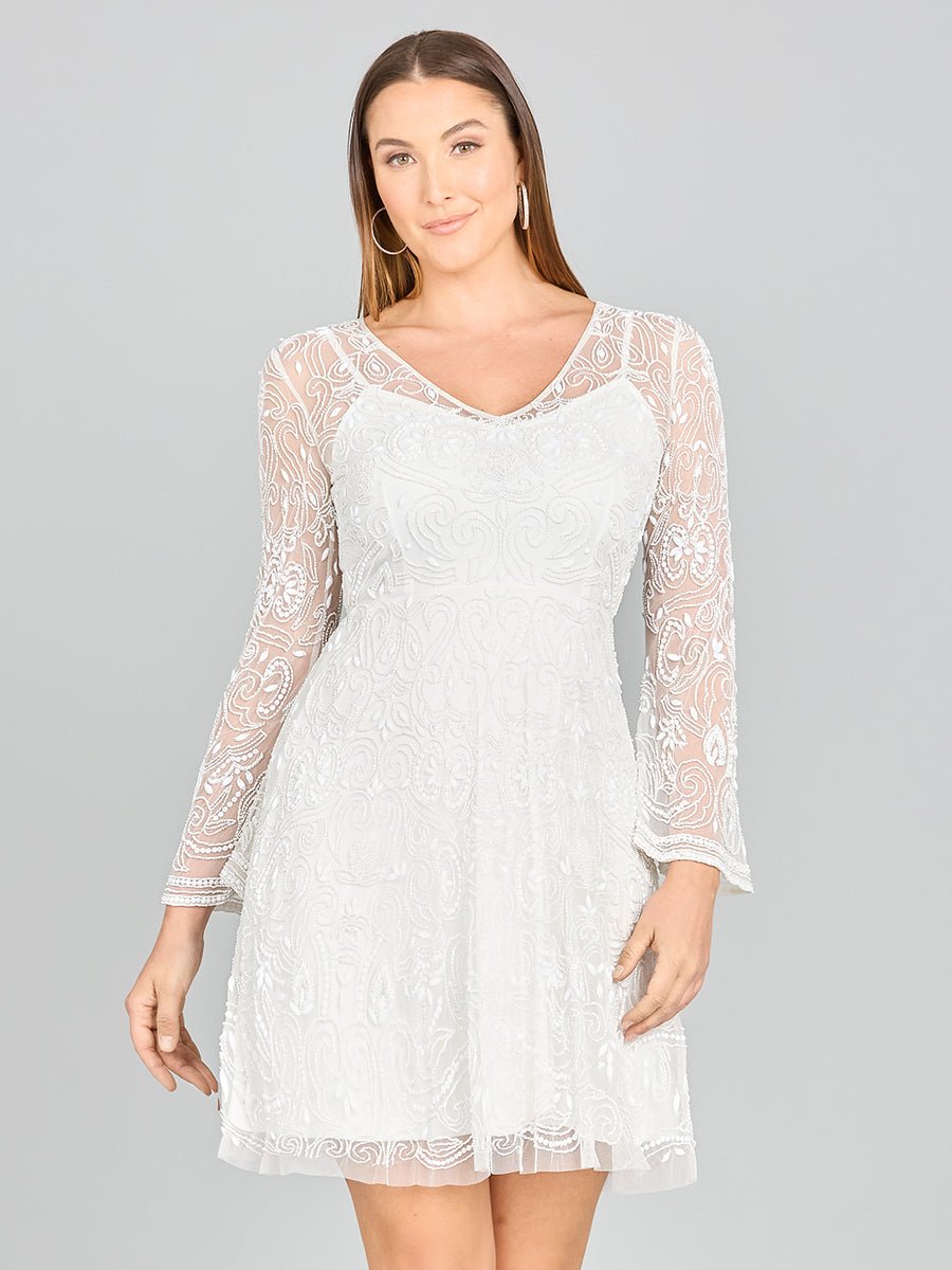 Lara Eliza Beaded A-line Bell Sleeve Bridal Short Dress - Luzilly Bridal & Apparel