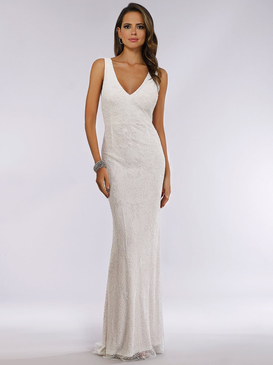 Lara Erika Beaded Draped Cowl Back V-Neck Wedding Dress - Luzilly Bridal & Apparel