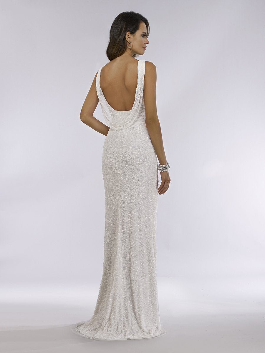 Lara Erika Beaded Draped Cowl Back V-Neck Wedding Dress - Luzilly Bridal & Apparel