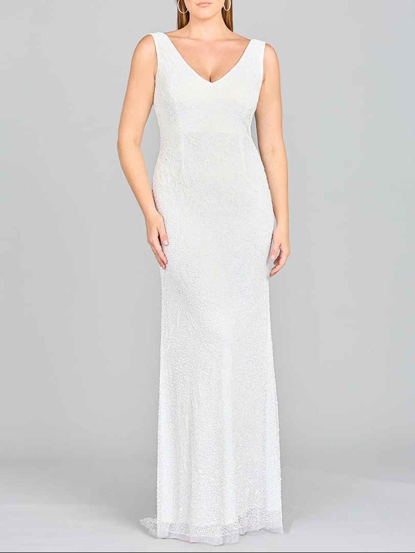 Lara Erika Beaded Draped Cowl Back V-Neck Wedding Dress - Luzilly Bridal & Apparel