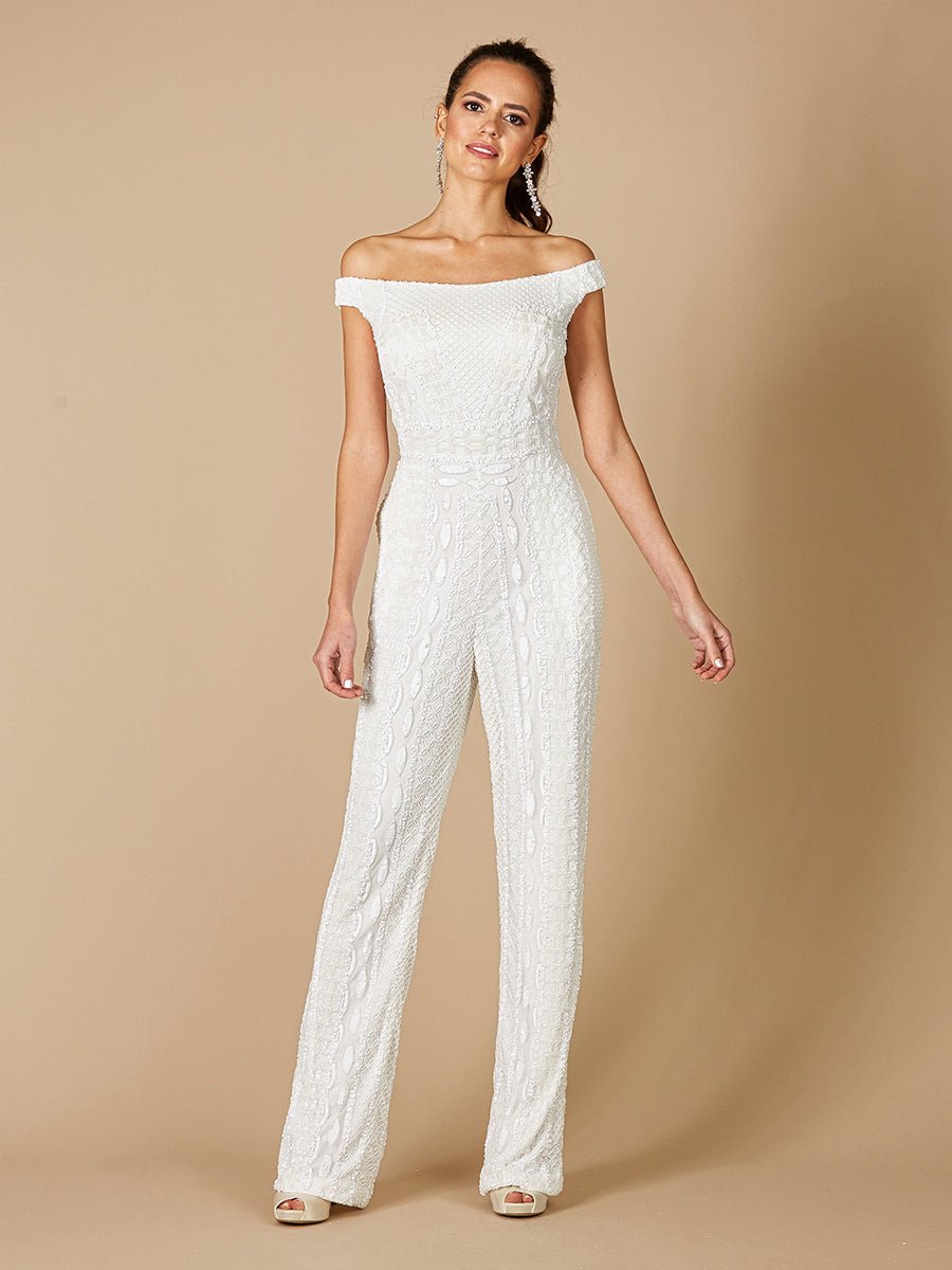Lara Gabby Beaded Off-the-Shoulder Bridal Jumpsuit - Luzilly Bridal & Apparel