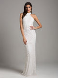 Lara Lattice-Beaded Halter Neck Sheath Wedding Gown - Luzilly Bridal & Apparel