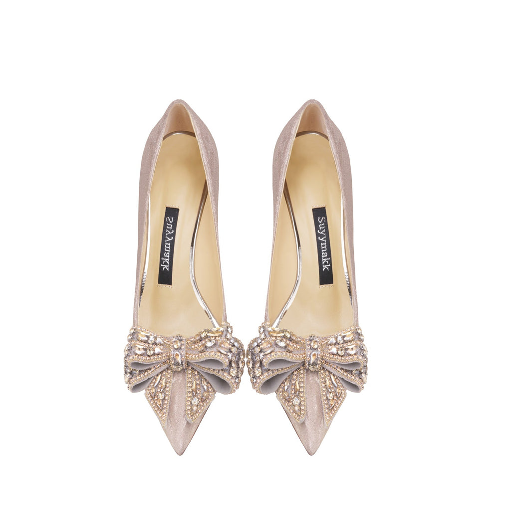 Leather Rhinestone Golden Bowknot High Heel Shoes Women's New Fine Heel Tiger Skin Bridesmaid Shoes Wedding Shoes Single Shoes - Luzilly Bridal & Apparel
