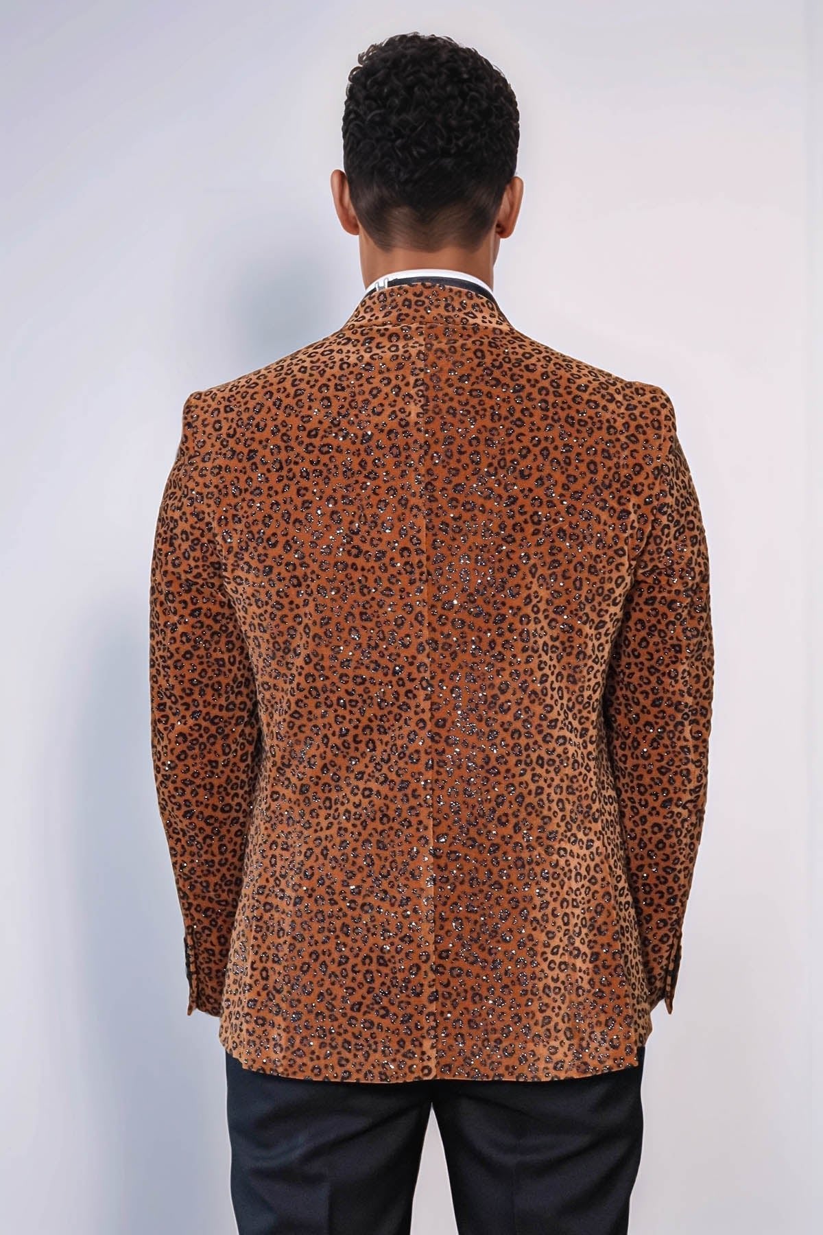 Leopard Pattern Slim Fit Peak Lapel Yellow Men Tuxedo Party Blazer - Luzilly Bridal & Apparel