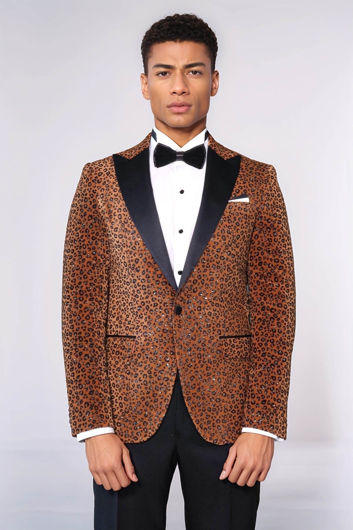 Leopard Pattern Slim Fit Peak Lapel Yellow Men Tuxedo Party Blazer - Luzilly Bridal & Apparel
