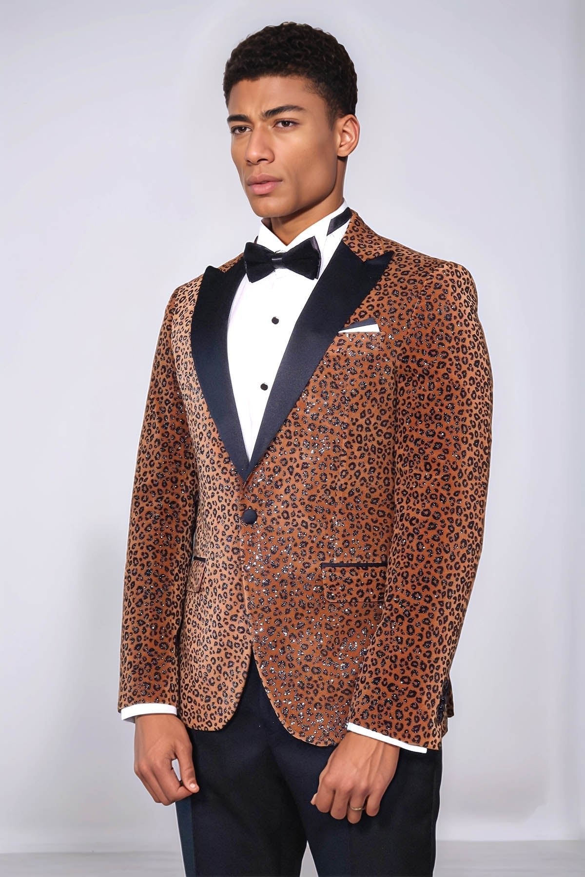 Leopard Pattern Slim Fit Peak Lapel Yellow Men Tuxedo Party Blazer - Luzilly Bridal & Apparel