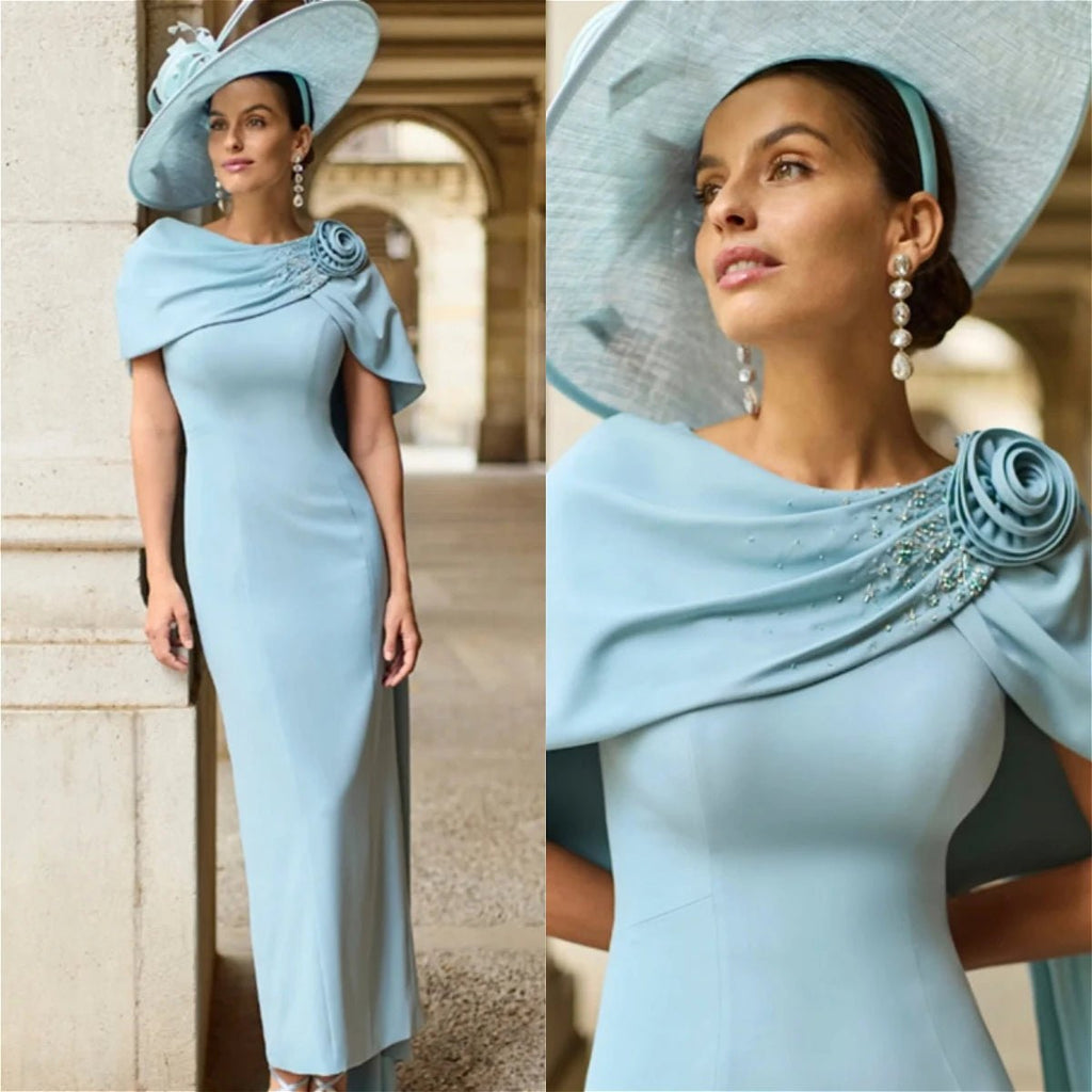 Light Blue Cape-Collar 3D Rose Mother of the Bride Dress - Luzilly Bridal & Apparel