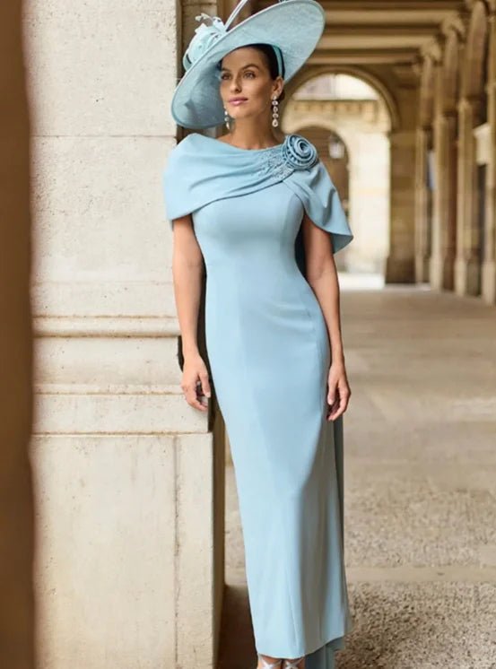 Light Blue Cape-Collar 3D Rose Mother of the Bride Dress - Luzilly Bridal & Apparel
