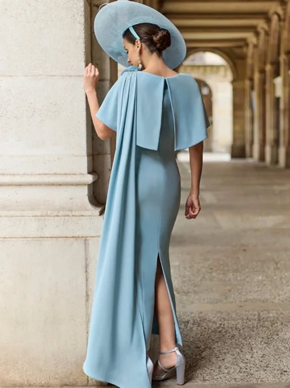 Light Blue Cape-Collar 3D Rose Mother of the Bride Dress - Luzilly Bridal & Apparel