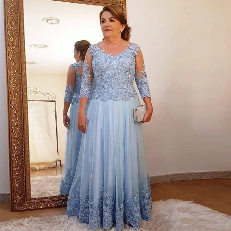 Light Blue Lace & Tulle 3/4-Sleeve Mother of the Bride Dress - Luzilly Bridal & Apparel