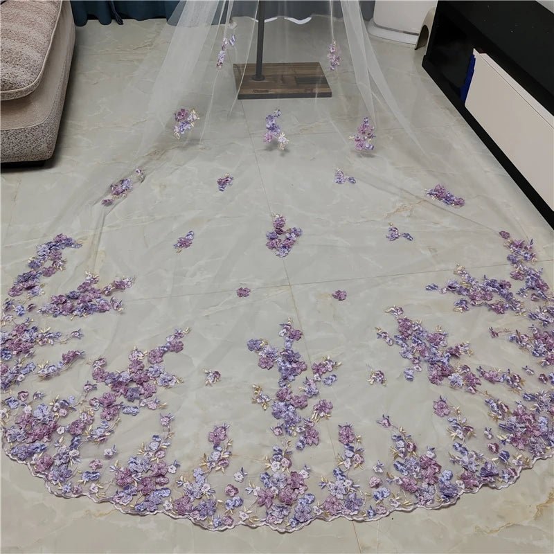 Lilac Purple 3D Flowers Wedding Bridal Veils Pearls Cathedral Long White Ivory Tulle Lace Edge With Comb For Brides Unique - Luzilly Bridal & Apparel
