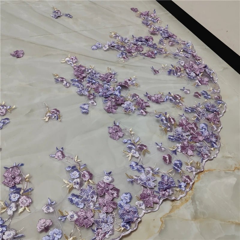 Lilac Purple 3D Flowers Wedding Bridal Veils Pearls Cathedral Long White Ivory Tulle Lace Edge With Comb For Brides Unique - Luzilly Bridal & Apparel
