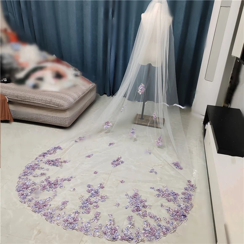 Lilac Purple 3D Flowers Wedding Bridal Veils Pearls Cathedral Long White Ivory Tulle Lace Edge With Comb For Brides Unique - Luzilly Bridal & Apparel