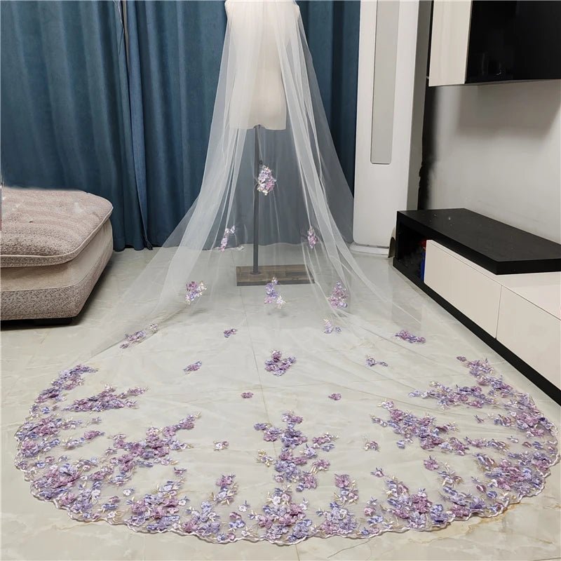 Lilac Purple 3D Flowers Wedding Bridal Veils Pearls Cathedral Long White Ivory Tulle Lace Edge With Comb For Brides Unique - Luzilly Bridal & Apparel