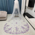 Lilac Purple 3D Flowers Wedding Bridal Veils Pearls Cathedral Long White Ivory Tulle Lace Edge With Comb For Brides Unique - Luzilly Bridal & Apparel