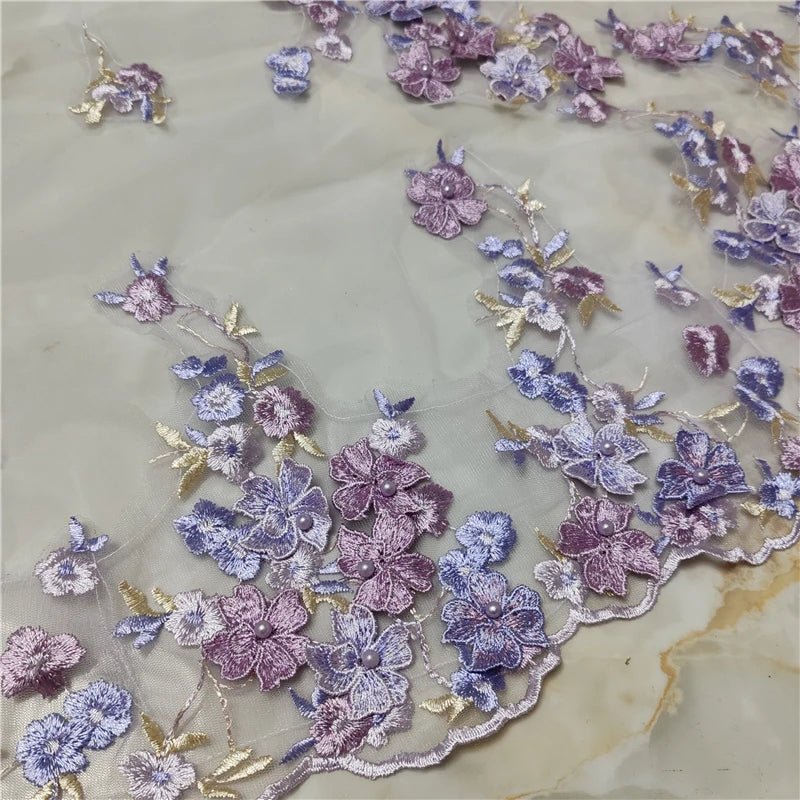 Lilac Purple 3D Flowers Wedding Bridal Veils Pearls Cathedral Long White Ivory Tulle Lace Edge With Comb For Brides Unique - Luzilly Bridal & Apparel
