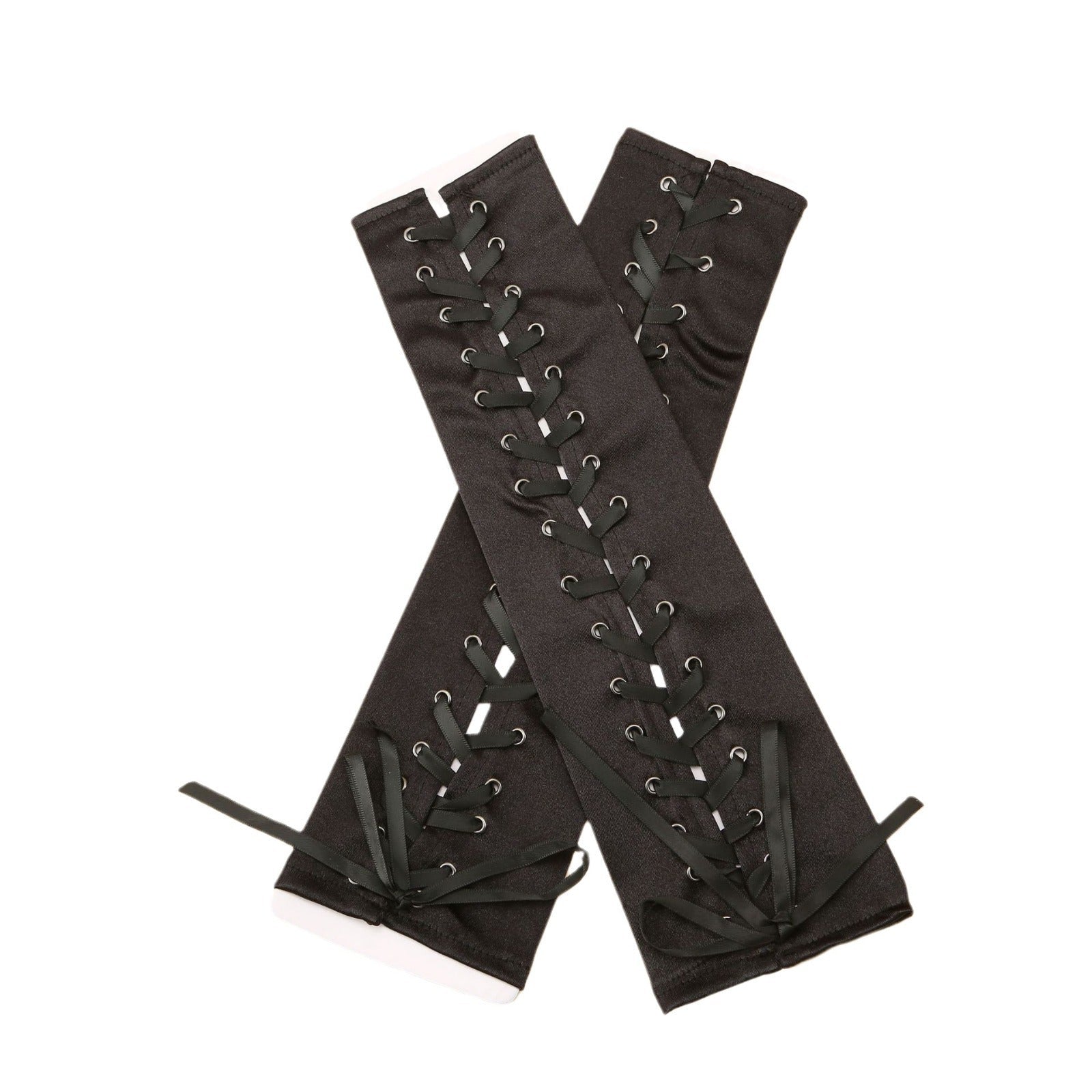Long Black Satin Arm Sleeve Long For Wedding Lace-up Fingerless Gloves - Luzilly Bridal & Apparel