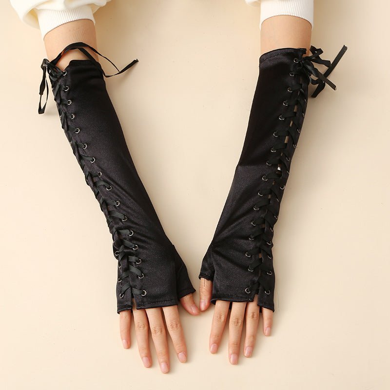Long Black Satin Arm Sleeve Long For Wedding Lace-up Fingerless Gloves - Luzilly Bridal & Apparel
