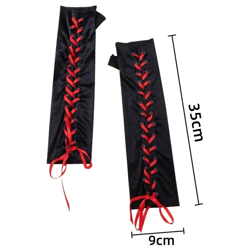 Long Black Satin Arm Sleeve Long For Wedding Lace-up Fingerless Gloves - Luzilly Bridal & Apparel
