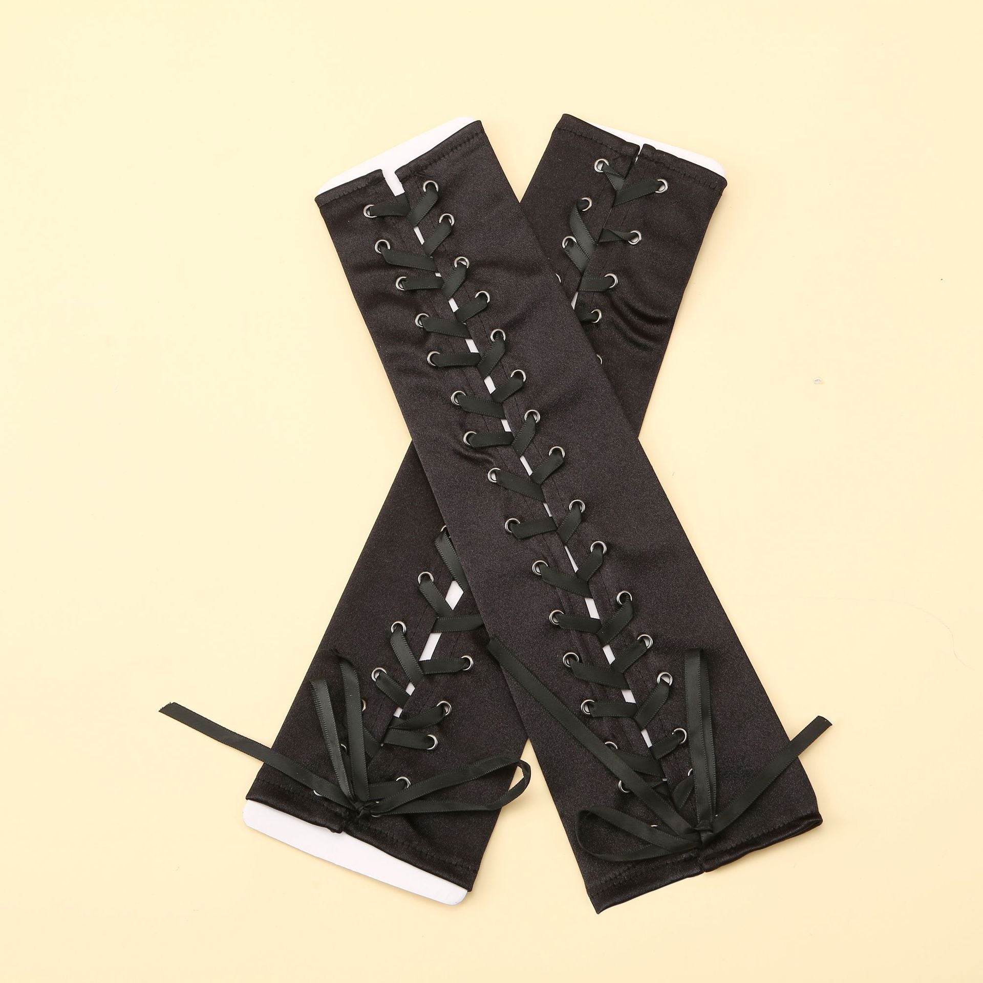 Long Black Satin Arm Sleeve Long For Wedding Lace-up Fingerless Gloves - Luzilly Bridal & Apparel