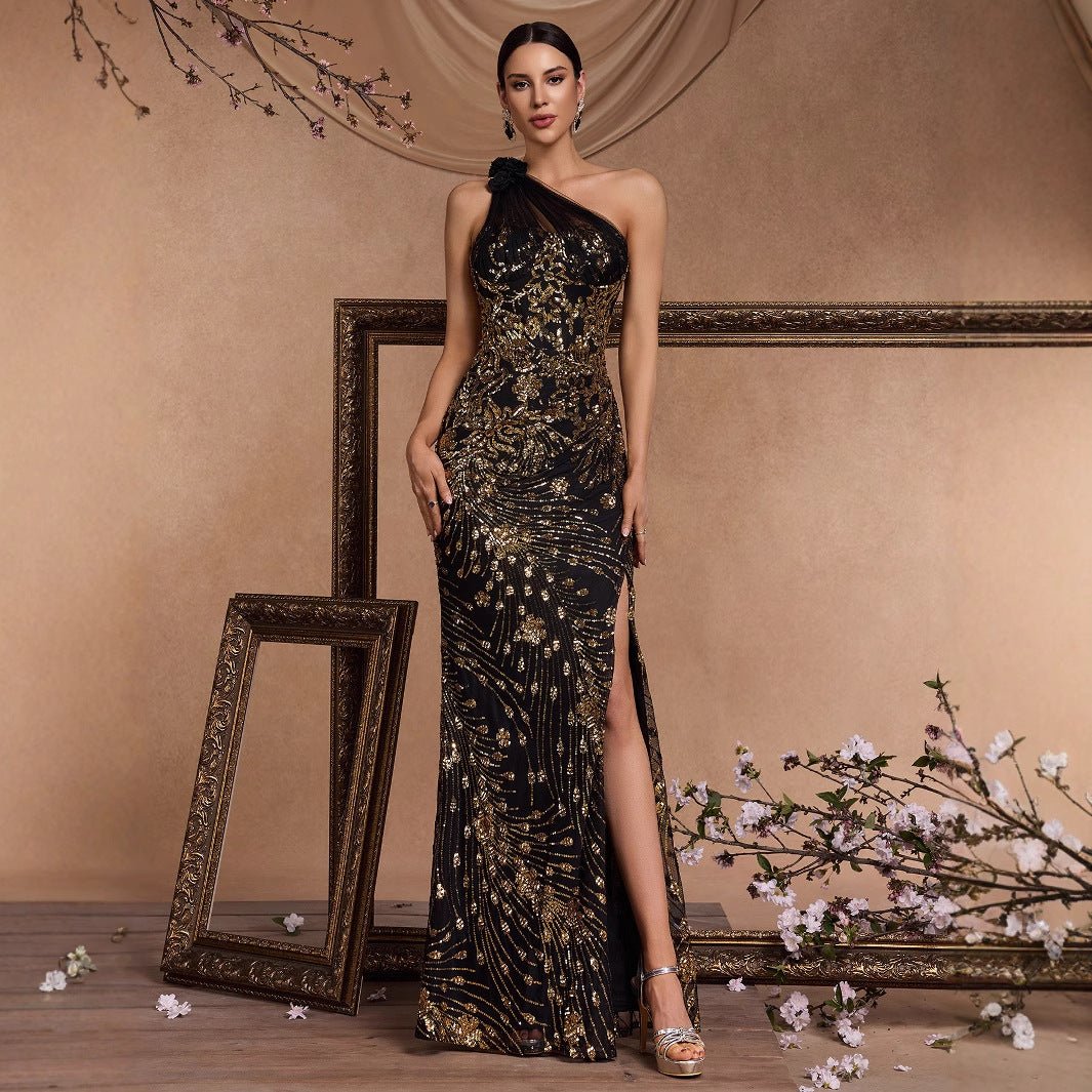 Long Elegant Oblique Shoulder Cocktail Party Dinner Dress Luxury Slit Bridesmaid Graduation Dress - Luzilly Bridal & Apparel