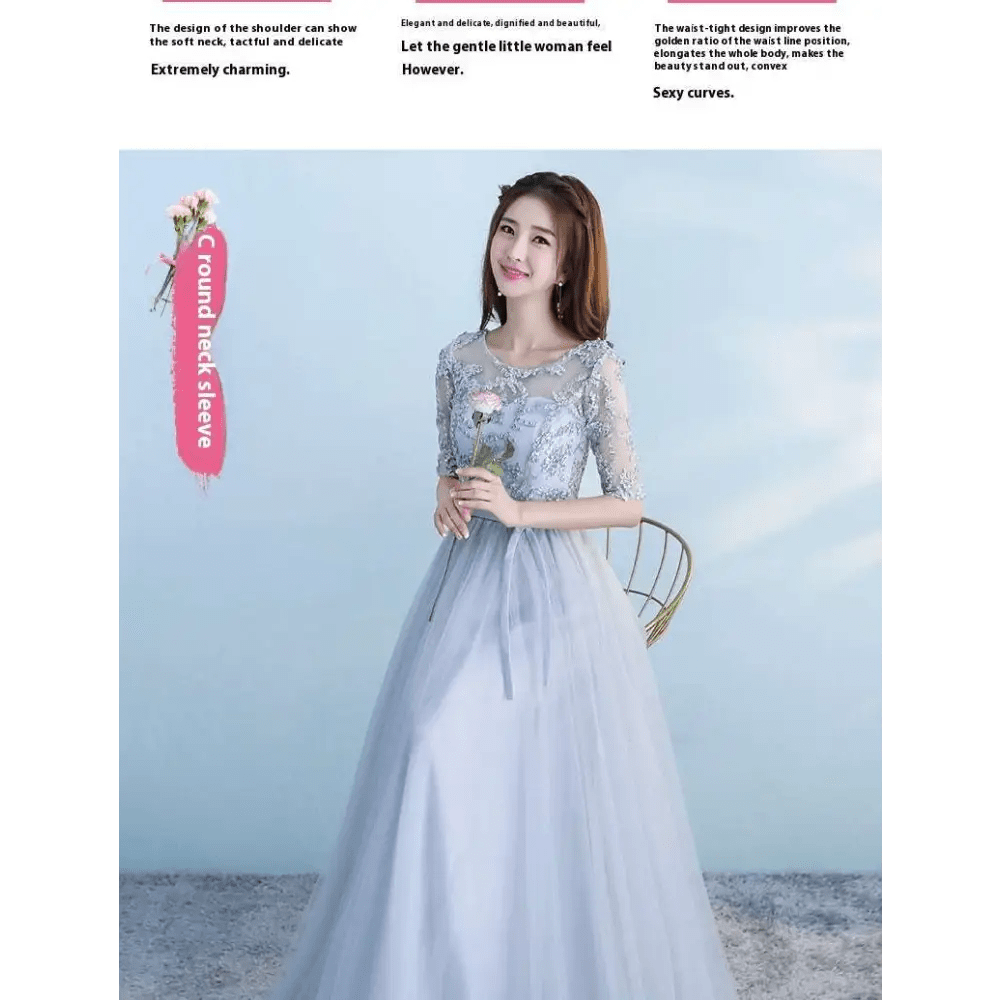 Long Lace and Tulle Bridesmaid Dress with Sleeves - Luzilly Bridal & Apparel