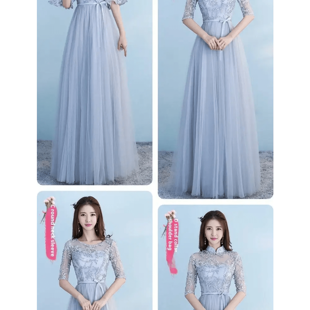Long Lace and Tulle Bridesmaid Dress with Sleeves - Luzilly Bridal & Apparel