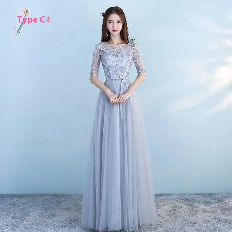 Long Lace and Tulle Bridesmaid Dress with Sleeves - Luzilly Bridal & Apparel