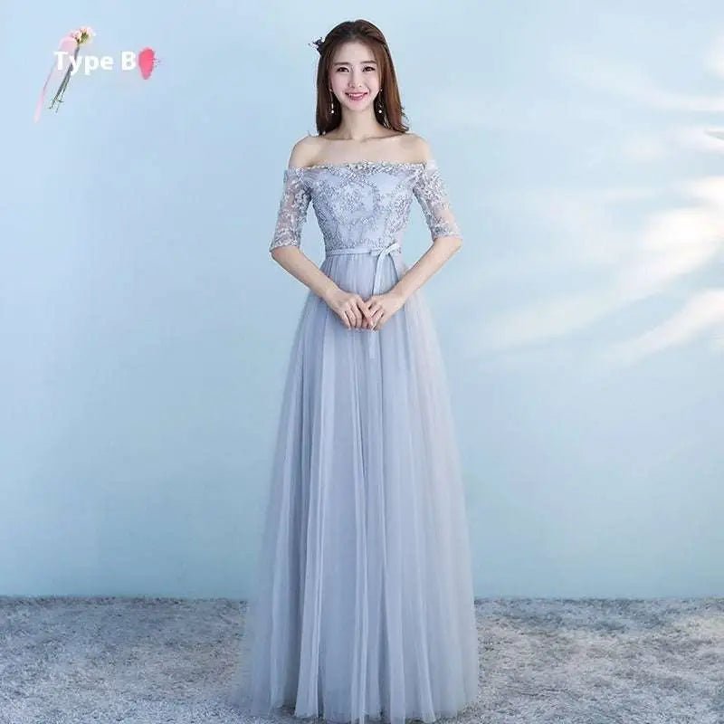 Long Lace and Tulle Bridesmaid Dress with Sleeves - Luzilly Bridal & Apparel