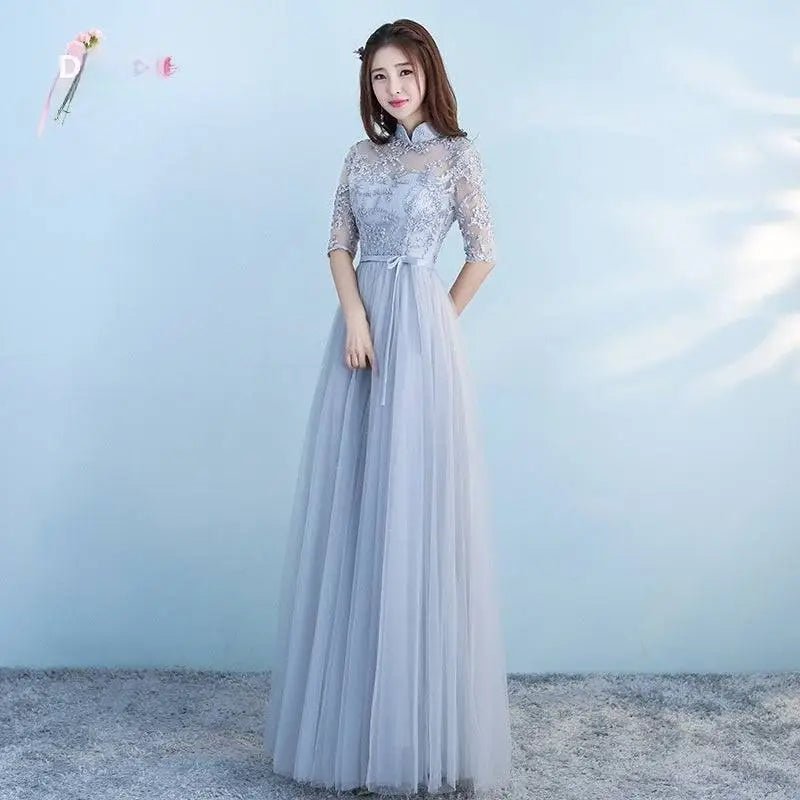 Long Lace and Tulle Bridesmaid Dress with Sleeves - Luzilly Bridal & Apparel