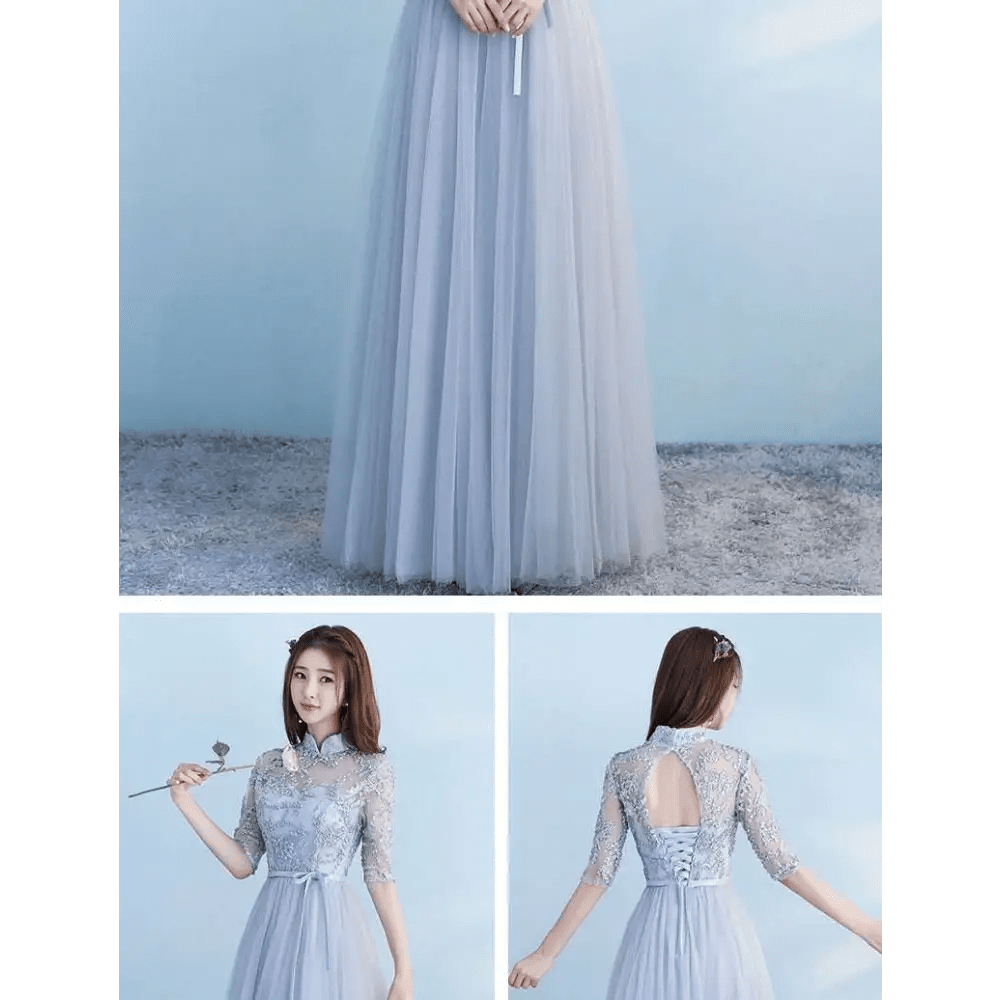 Long Lace and Tulle Bridesmaid Dress with Sleeves - Luzilly Bridal & Apparel
