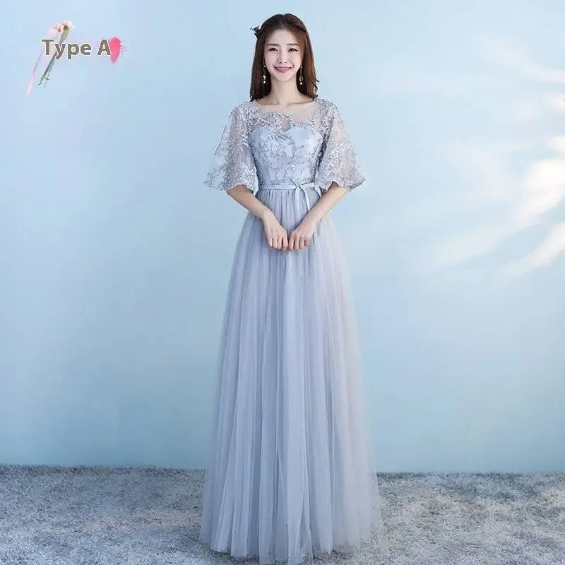 Long Lace and Tulle Bridesmaid Dress with Sleeves - Luzilly Bridal & Apparel