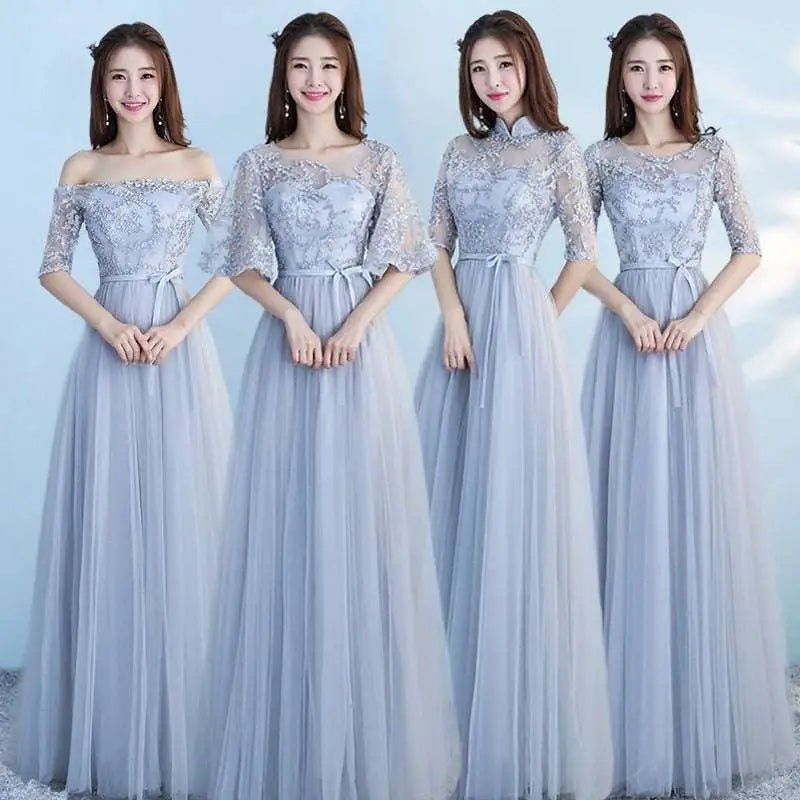 Long Lace and Tulle Bridesmaid Dress with Sleeves - Luzilly Bridal & Apparel