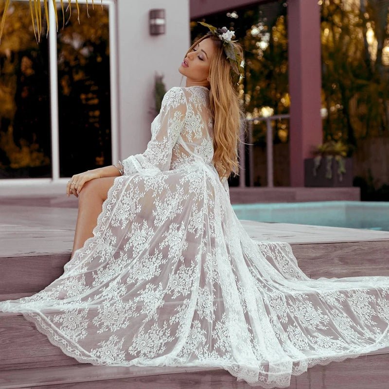Long Lace Bridal and Bridesmaid Getting-Ready Robe - Luzilly Bridal & Apparel