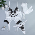 Long Mesh Socks with Legs Exquisite Embroidered Floral Black White Stitching Cute Waist Strap Sexy Lingerie Three Piece Set - Luzilly Bridal & Apparel