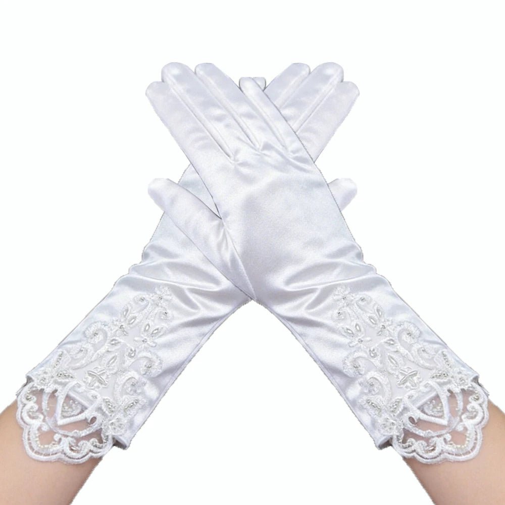 Long Satin and Lace Embroidered Bridal Gloves - Luzilly Bridal & Apparel
