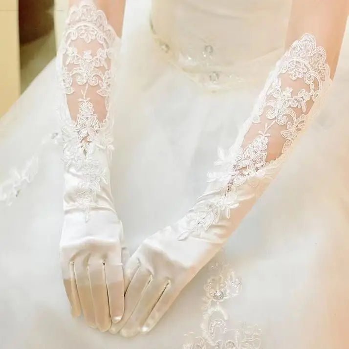 Long Satin and Lace Embroidered Bridal Gloves - Luzilly Bridal & Apparel