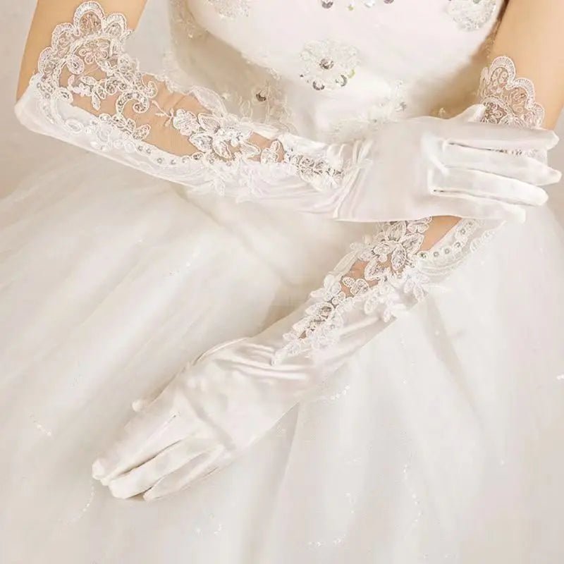 Long Satin and Lace Embroidered Bridal Gloves - Luzilly Bridal & Apparel